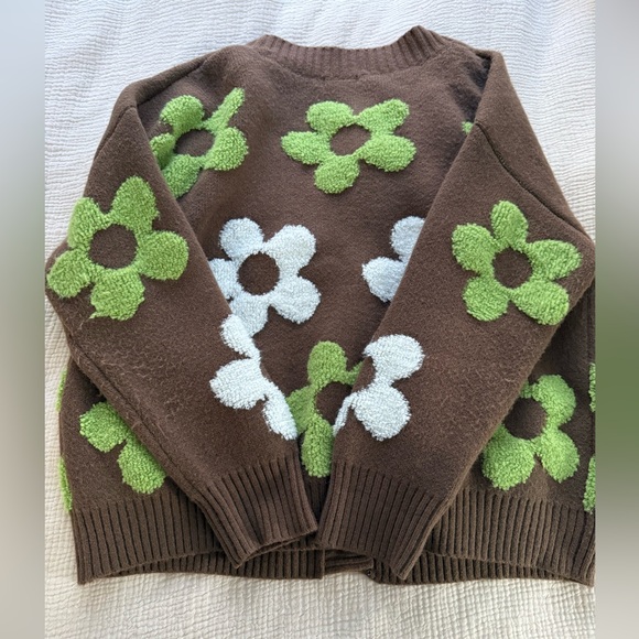 Brown Floral Button-Up Cardigan Sweater - Green & White Flower Appliqués - Picture 4 of 5